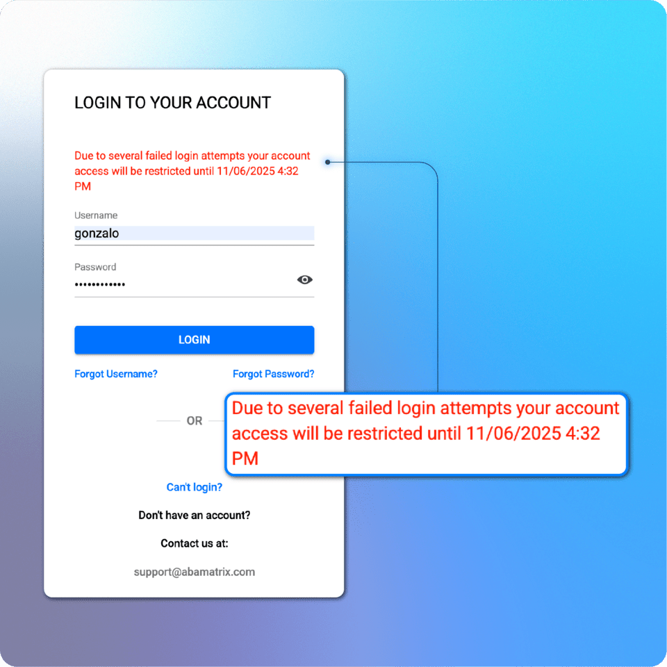 Security and Access Control - Account lockout on failed logins - ABAMATRIX