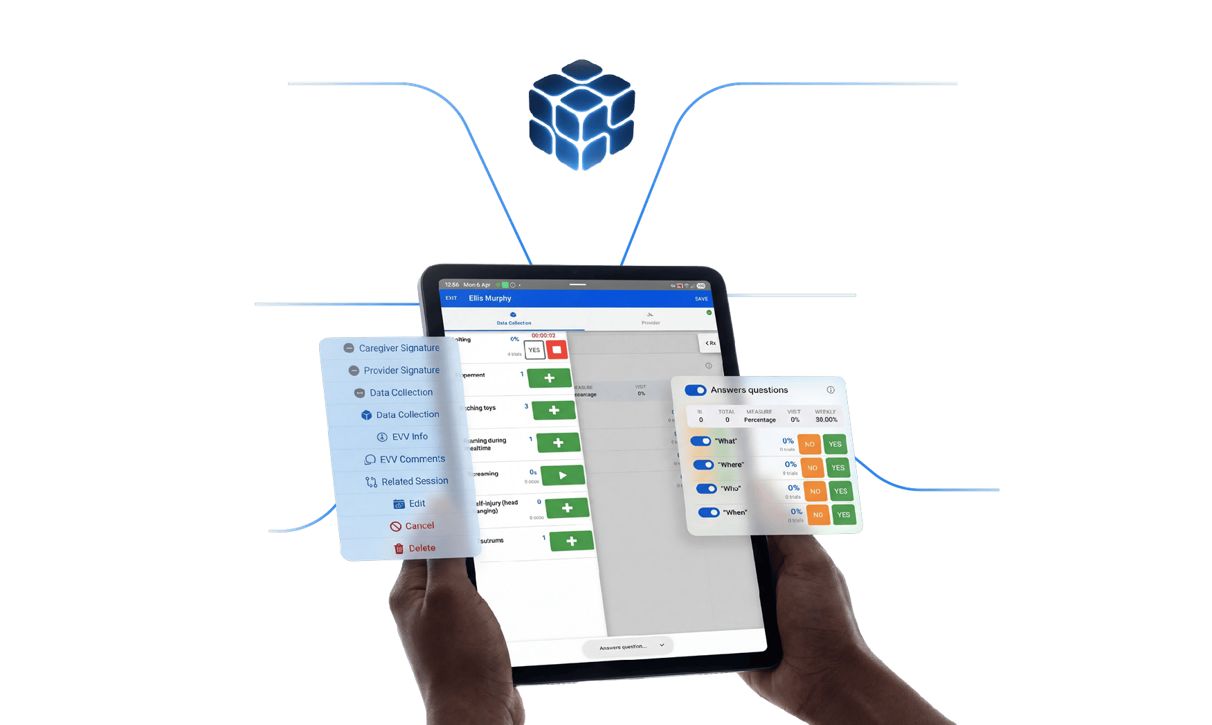 Plataforma ABA Matrix en una tablet, conectada con facturación, recolección de datos, reportes, planes de tratamiento, agenda y supervisión